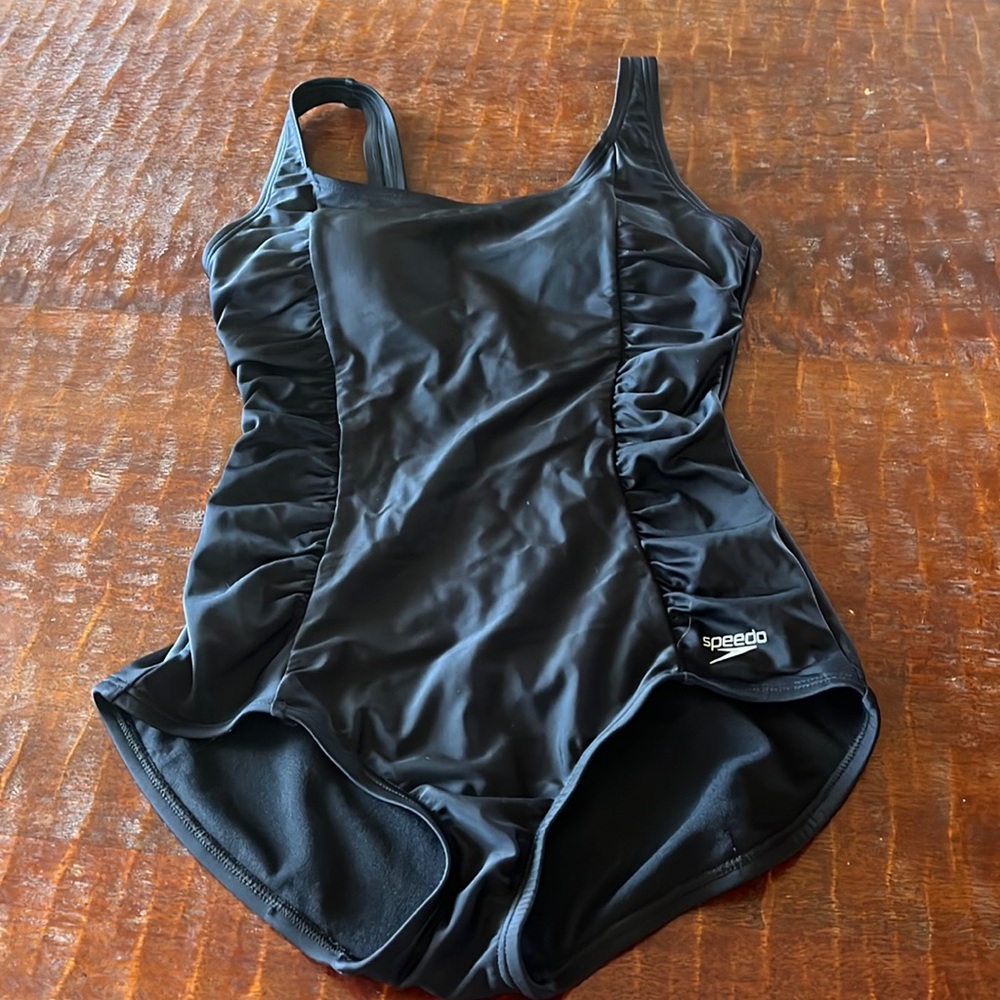 Speedo Solid Black Shirred Conservative One Piece… - image 1